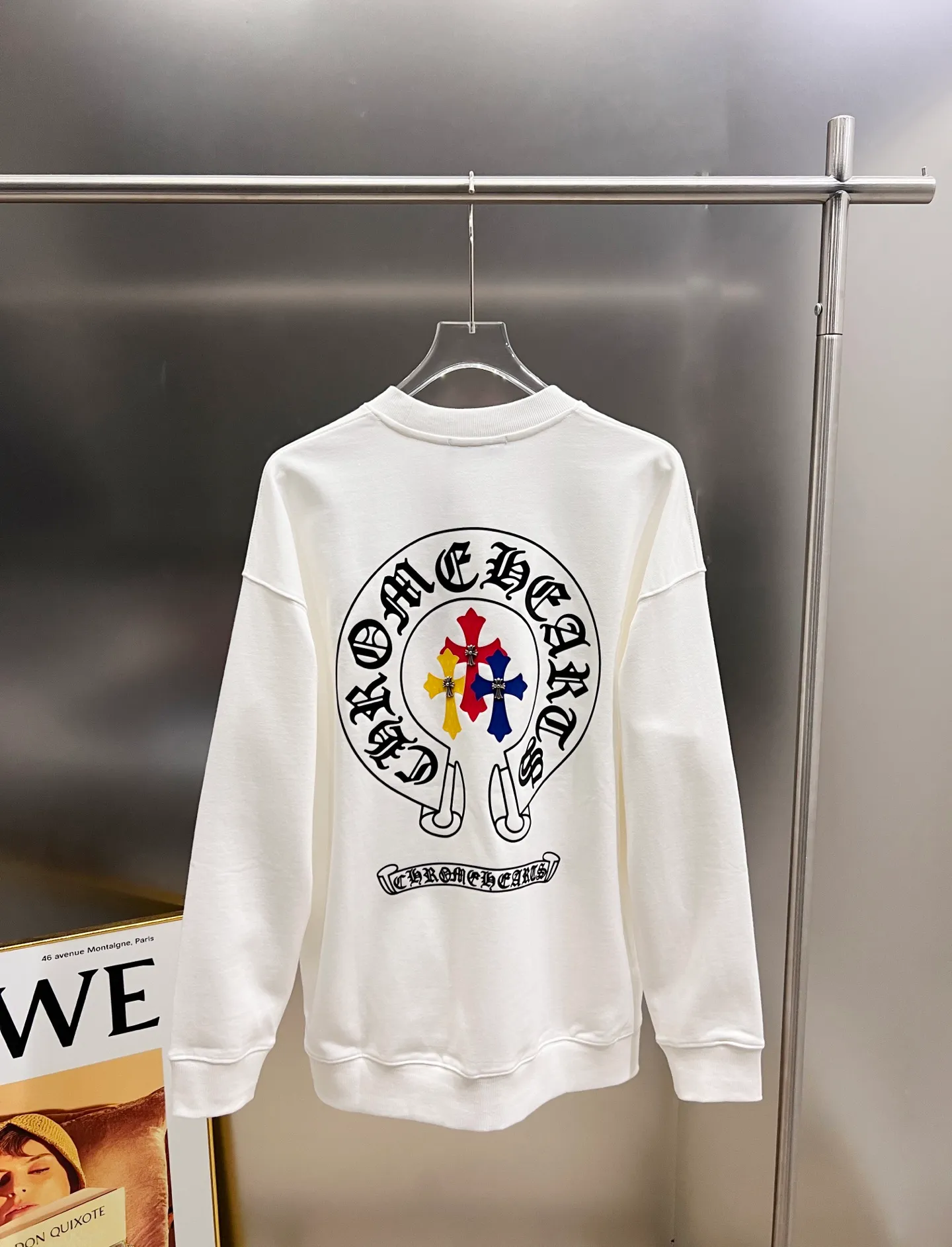 🅿️280 CH Crowe 2025 Autumn and Winter New Style Round Neck Long Sleeve Sweater Cross Patch Leather + Customized Hardware Metal Horseshoe Sanskrit Text The real thing is great🔥Same style for men and women, loose version Size S M L XL XXL Five sizes Black White